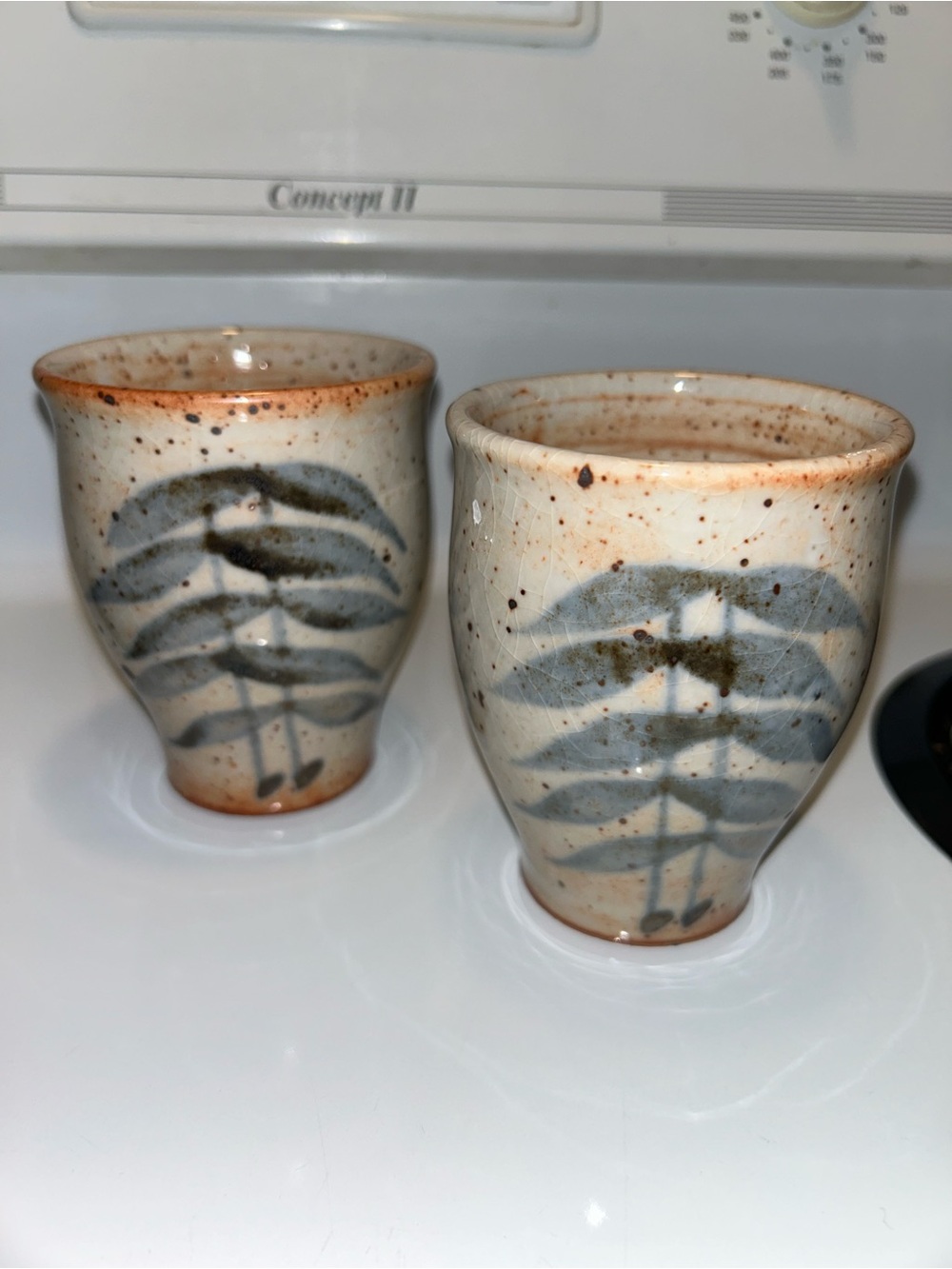 Set of 2 Handmade Ceramic bamboo motif cups  - Speckled Cream and Blue
